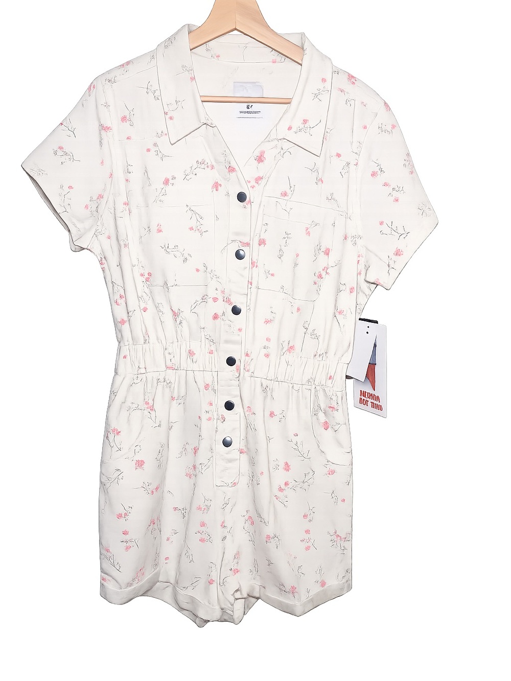 NWT Celebrity Pink Floral Utility Romper Cream Button Front Short Sleeve Pockets - Picture 2 of 11